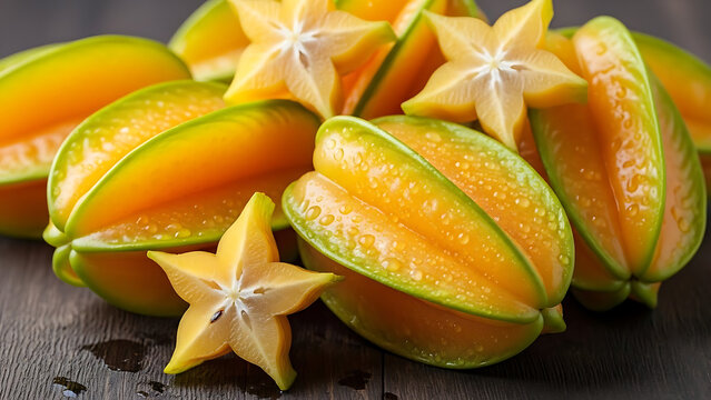 Bright Starfruit Slices On Wooden Table For A Fresh Tropical Snack