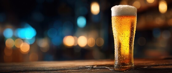 The Glass of Beer on a Rustic Bar Counter with Warm Bokeh Lights