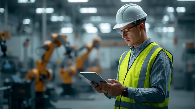 Industrial worker wearing safety helmet and reflective vest using tablet inside automated factory floor