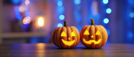 The Pumpkins Glow Warmly on Wooden Table with Blue Bokeh Halloween Lights