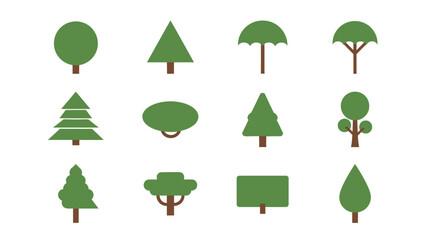 Collection of various stylized tree icons, representing different species and shapes in a flat design style