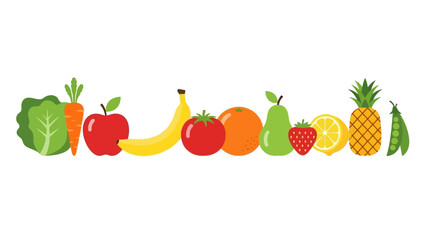 A vibrant collection of fresh fruits and vegetables, including lettuce, carrot, apple, tomato, orange, strawberry, lemon, pear, pineapple, and peas, arranged in a colorful line