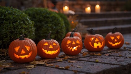 Fototapeta premium Jack olantern pumpkins glowing on steps with candles for halloween celebration