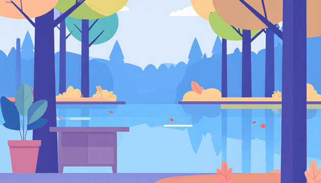 Stylized, tranquil landscape reflecting trees in blue water with a plant near a side table in the foreground