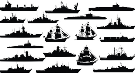 Collection of various ship silhouettes including naval battleships, submarines, vintage sailing vessels, cargo transport vessels, and modern military maritime ocean craft vector icons © MDRAZIURRAHMAN