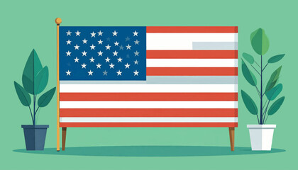 Stylized United States flag with potted plants on a pale green background, clean vector illustration