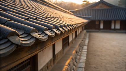 Folk tradition scene. Traditional Korean roof tiles in warm sunlight create serene atmosphere