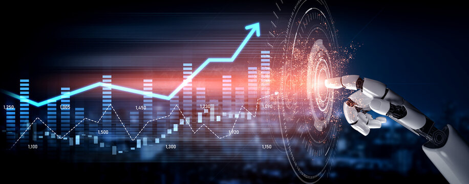 A robotic hand engaged with a digital interface showcasing financial growth charts, representing the integration of technology and finance for effective data management. Scalp - Powered by Adobe