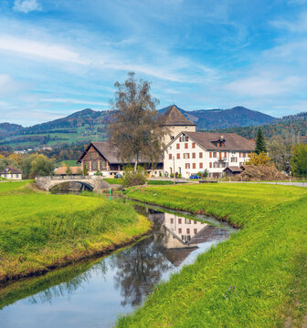 View of the ruins of the Grynau castle in the canton of Schwyz, Switzerland