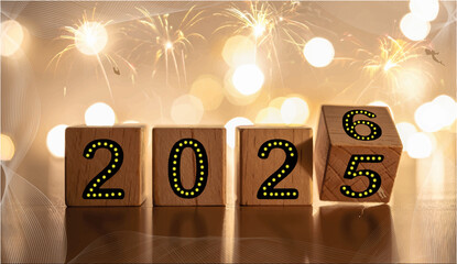 Happy new year 2026 holiday greeting card design illustration photo of a winter celebration symbol with gold light and falling snow.