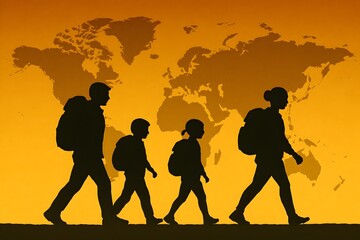 Family Travel Journey with Backpacks Against World Map Background