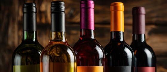 The wine bottles arranged in a rustic row with colorful bottle tops