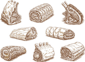 Vintage meat cuts illustration butcher beef pork lamb engraving hand drawn sketch vector isolated food set © Earshad Creative