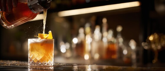 The Cocktail Glass Being Poured with Whiskey and Orange Garnish in a Bar Setting