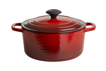 Vibrant red Dutch oven with lid on  white background
