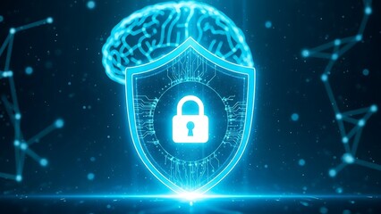 Cyber security shield protecting brain with padlock and circuit board