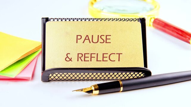 Golden words PAUSE  REFLECT gradually appear on a desk plate. A fountain pen, magnifying glass, and stack of vibrant sticky notes accompany the message of contemplation