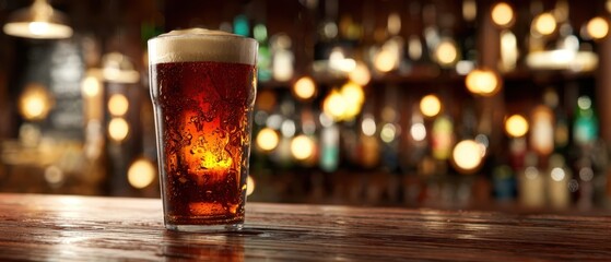 The Pint of Amber Beer on a Rustic Bar Counter with Warm Bokeh Lights