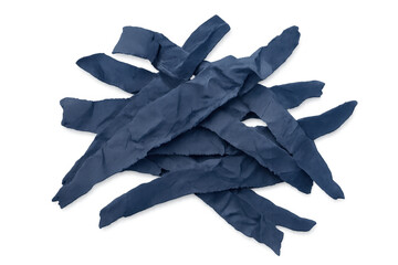 Group of torn blue paper scraps creating a textured effect. Crumpled waste fragments on a transparent background
