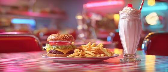 The Burger and Milkshake on a Retro Diner Table with Fries