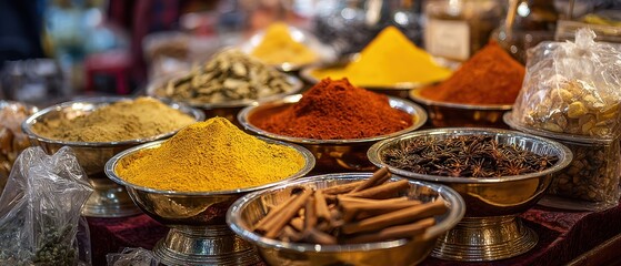 The spice display at a bustling bazaar with vibrant colorful mounds and bowls