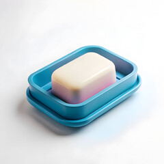 plastic blue soap holder with pink soap on white background