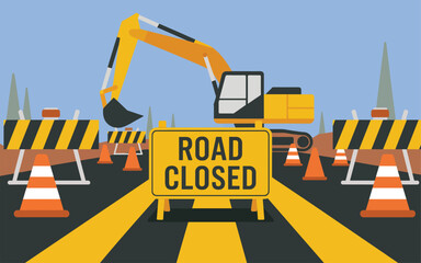 Road Closure Scene with Excavator and Cones on Highway