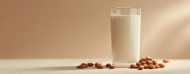 The glass of almond milk surrounded by whole almonds on a neutral background