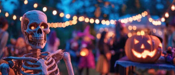 The Skeleton at a Festive Halloween Party with Glowing Jackolanterns and String Lights