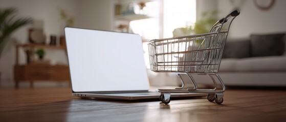 The shopping cart next to a laptop representing online shopping at home