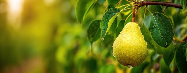 The Pear Hanging on a Dewy Branch in a Sunlit Orchard Morning