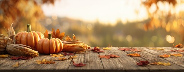 The Pumpkins Autumn Harvest Scene on a Rustic Wooden Table with Fall Leaves