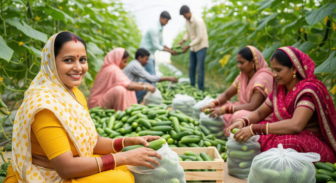 group of happy indian female farmers working together at greenhouse to harvest