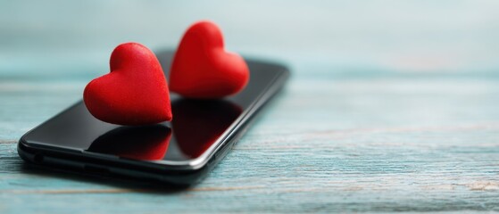 The Smartphone with Two Red Heart Decorations Representing Love and Digital Romance