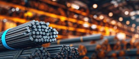 The Steel Rebar Bundles Stacked in Industrial Warehouse with Bokeh Lighting