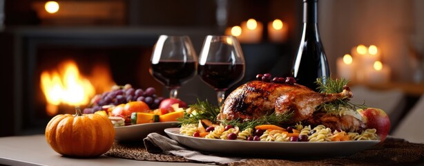The roasted turkey centerpiece on a festive autumn table with wine and candles