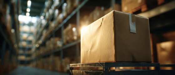 The Cardboard Box on a Metal Cart in a Sunlit Warehouse Aisle