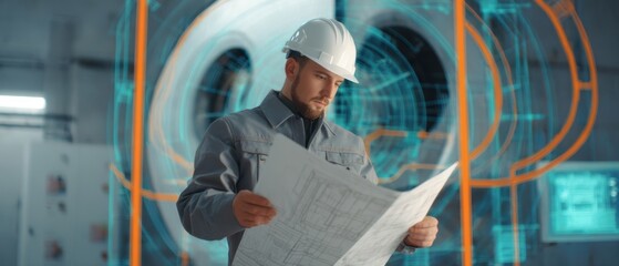 The engineer reviewing technical blueprints in an advanced industrial augmented reality environment