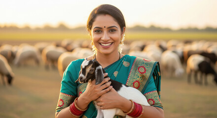 young indian rural woman in a traditional teal saree lovingly holds a baby goat