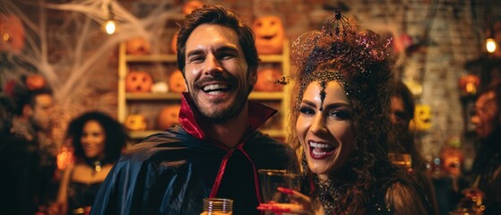 The Vampire Couple Enjoying a Festive Halloween Party with Drinks and Laughter