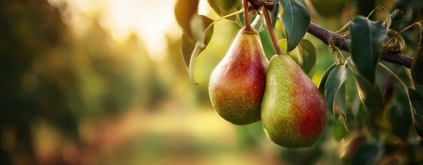 The Pears Hanging on a Sunlit Orchard Branch with Bokeh Background