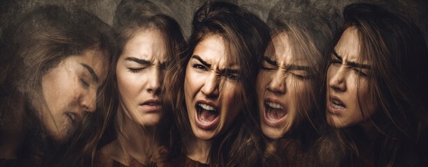 The woman with multiple exposed faces showing raw emotional turmoil and expressive anger
