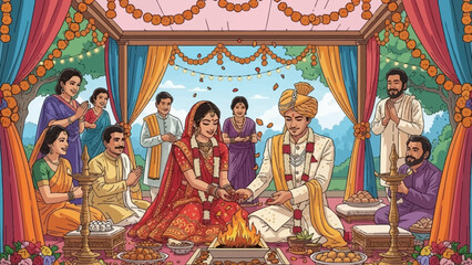 Illustration of a traditional Indian wedding ceremony with a bride and groom sitting together under a decorated canopy surrounded by guests