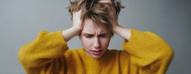 The person clutching their head in a yellow sweater showing frustration and stress