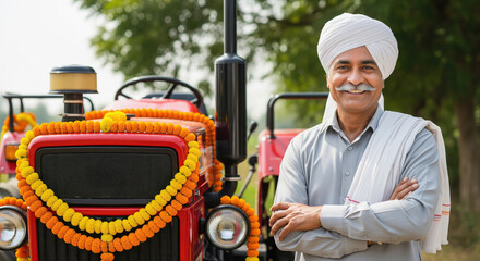 happy indian middle aged farmer standing with tractor