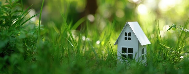 The House Model Nestled in Lush Green Grass with Soft Sunlight and Bokeh