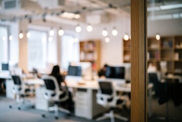 Blurred view of a modern open-plan office with employees working at desks and brightly lit interior