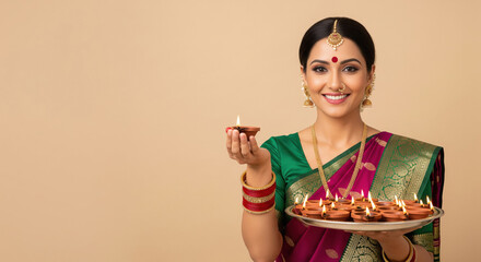 Elegant Indian woman in a traditional silk saree holding a lit diya and a plate of oil lamps against a warm beige background