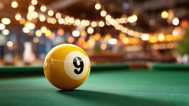 Close-up of a number 9 billiard ball on a green pool table felt