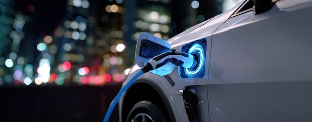 The electric car plugged into a charging station in a modern cityscape